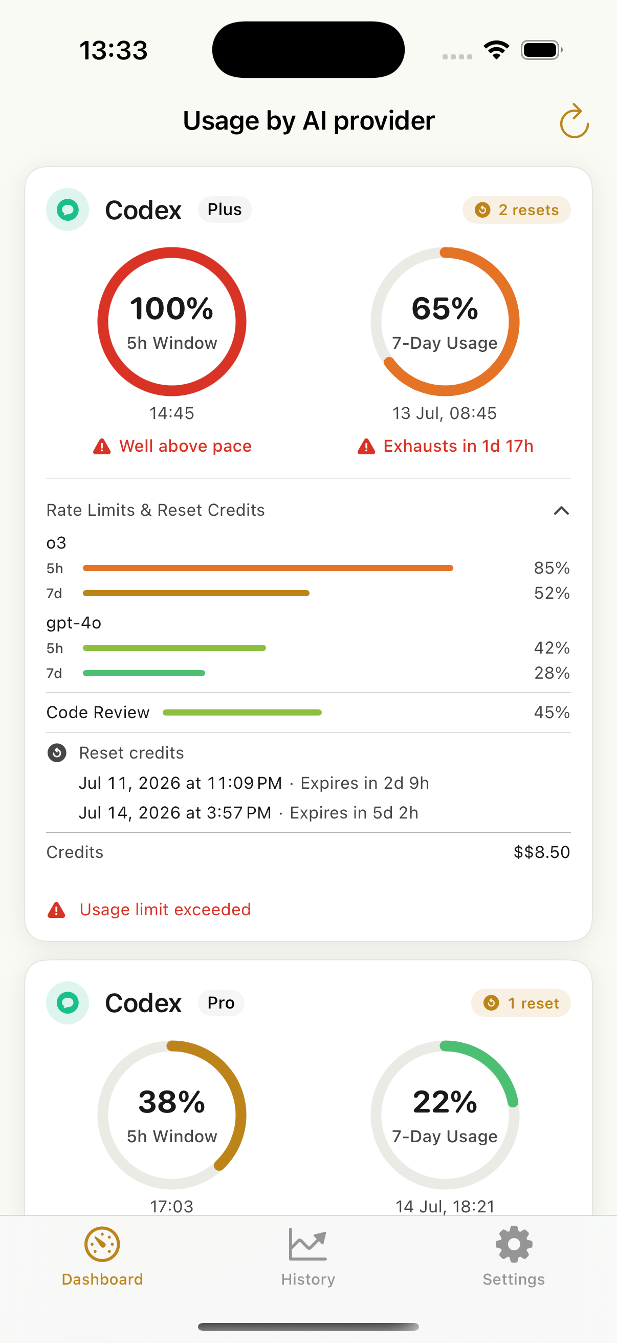 Codex Plus usage dashboard in an iPhone layout with expanded limits and two reset credits with expiry dates
